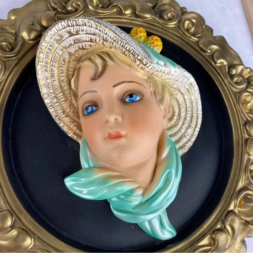 Pair of 60s Chalk Ware Oval Plaques 3D Ladies by Michigan Composition Lamp Co.